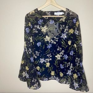 ASTR The Label Women's Blue Floral Bell-Sleeve Anya Top Blouse Size L